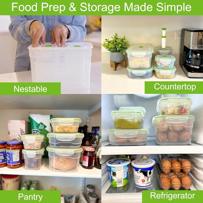 Lasting Freshness BPA-Free Plastic Vacuum Seal Containers with Hand Pump – Airtight Food Storage, Meal Prep & Pantry Organization, Preserves Freshness 5X Longer, 11-Piece Set