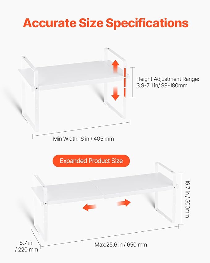 VEVOR Adjustable Kitchen Cabinet Shelf Organizer, Expandable 2 Tier Cabinet Shelf, Stackable Countertop Organizers and Storage Risers, Pantry for Kitchen Bathroom Office, White