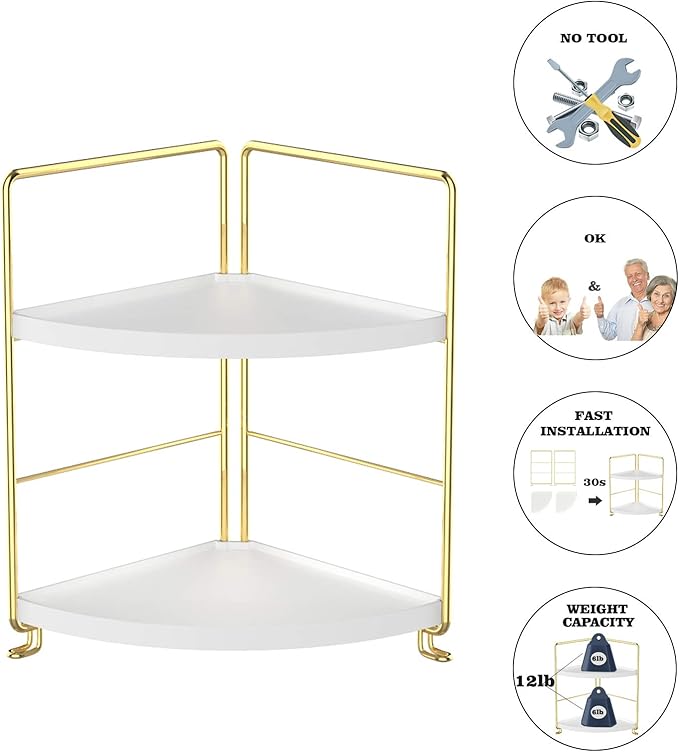 2-Tier Kitchen Spice Rack-Corner Bathroom Shelf- Triangle Standing Storage Rack for Bathroom, Living Room, Bedroom, Kitchen (Golden)