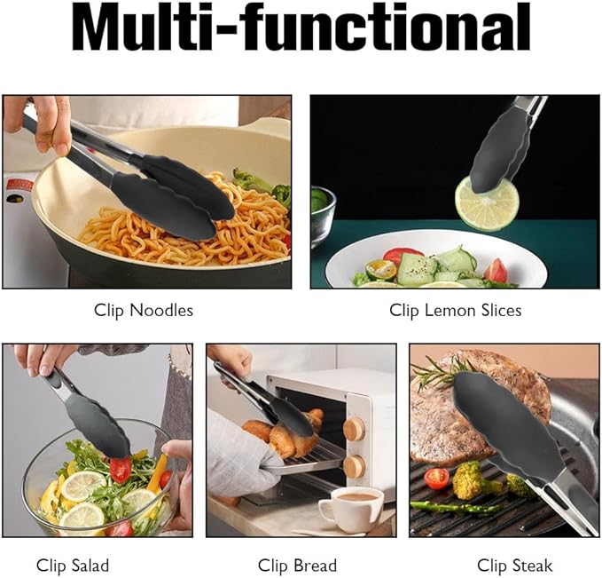 Kitchen Tongs 9'' and 12'' Tongs for Cooking 2 Pcs Black Silicone Tongs Stainless Steel Locking Food Tongs with Silicone Tips Heat Resistant Serving Tong for BBQ Food Grilling Salad Kitchen Utensils