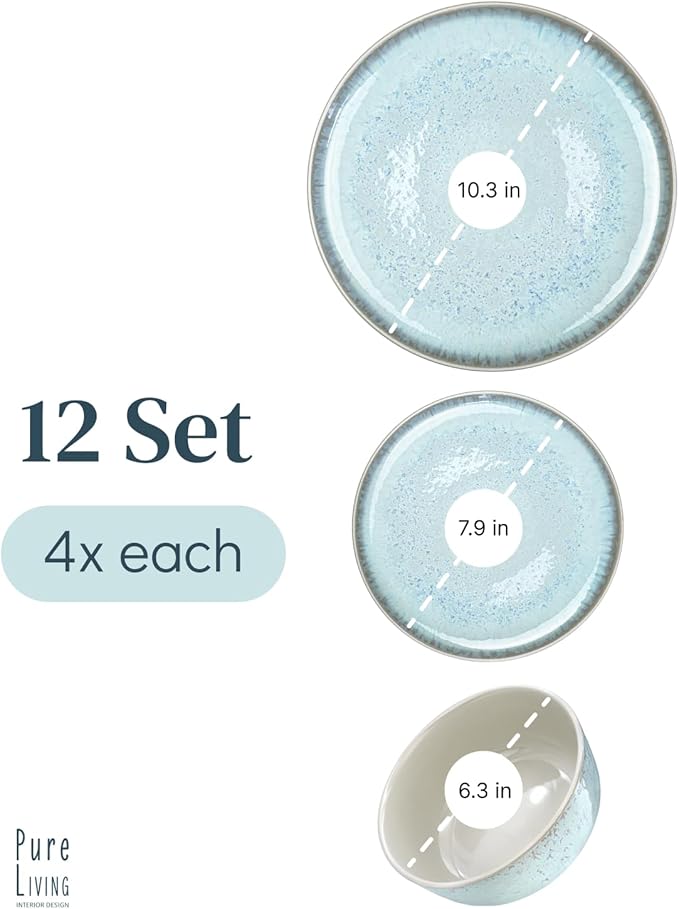 Stoneware dinnerware set 4 persons 12 pcs – Modern style plates and bowls set ceramic – Dishwasher, microwave and scratch resistant – Bowl and plate set – Dinner service Pure Living beige & light blue