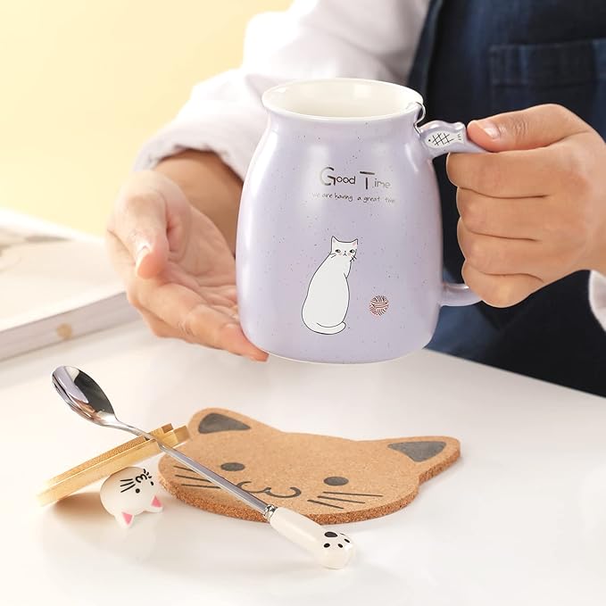 BigNoseDeer Cat Mug Kawaii Tea Cup with Infuser and Lid Purple Cat Ceramic Coffee Mug Cute Cool Preppy Stuff Birthday Gifts for Mom Gifts for Women Girlfriend Girls Cat Lover Gifts(13oz)