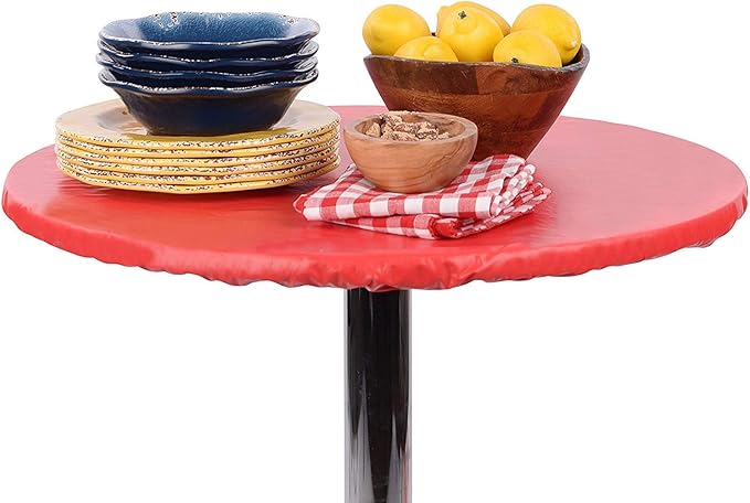 Yourtablecloth Heavy Duty Vinyl Round Fitted Tablecloth (Table Cover) with Flannel Backing Vibrant Colors Elasticized Tablecloth Great for Indoor and Outdoor Dining and Playing Cards 42” Ruby Red