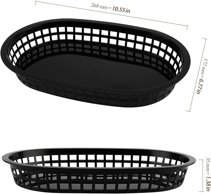 30 Pack 10.5x6.7x1.3 Inch Black Plastic Fast Food Baskets, Restaurant Serving Baskets, Flat Oval Fast Food Serving Basket for Picnic, Deli Serving, Chicken, Burgers and Fries