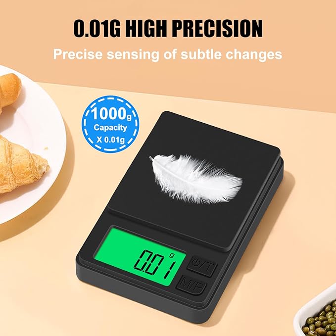 Digital Pocket Scale 1000g x 0.01g, Diyife Portable Precision Gram Scale Jewelry Scale with Protective Cover, Auto-Off, Backlit LCD, 7 Units Tare, for Food, Kitchen, Coffee, Battery Included