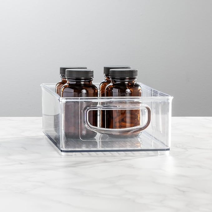mDesign Small Plastic Bathroom Storage Container Bins with Handles for Organization in Closet, Cabinet, Vanity or Cupboard Shelf, Accessory Organizer - Ligne Collection - 8 Pack, Clear