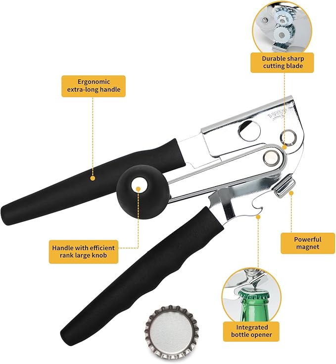Manual Can Opener, Heavy Duty Power Can Opener with Soft Touch Handle, Sharp Blade, Smooth Edge, Can Opener with Multi-Purpose Bottle Opener, Get a Bottle Opener, Black