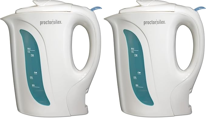 Proctor Silex Electric Tea Kettle, Water Boiler & Heater Auto-Shutoff & Boil-Dry Protection, 1000 Watts for Fast Boiling, 1 Liter, White (Pack of 2)
