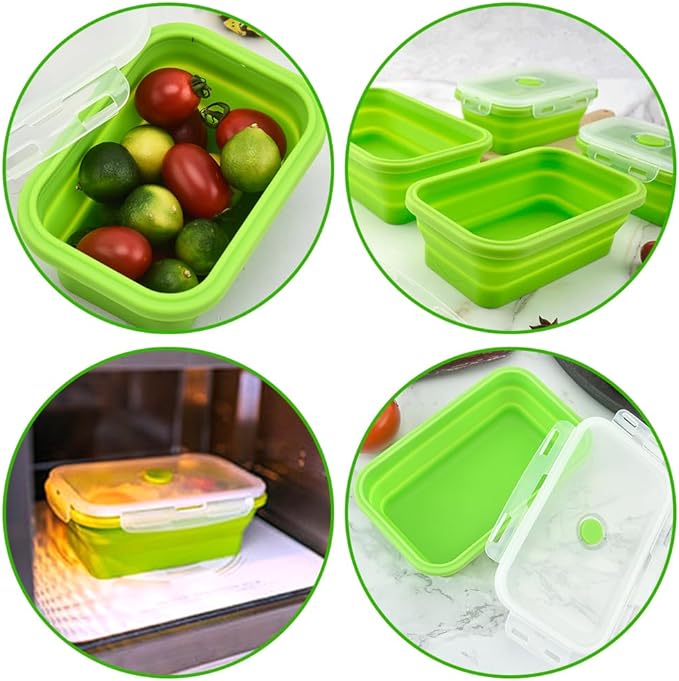 Alimat PluS 40.5oz Collapsible Food Storage Containers with Lids, 3 Pack Set 1200ml Silicone Food Storage Containers, Green Collapsible Food Storage for Kitchen and Outdoor Activities