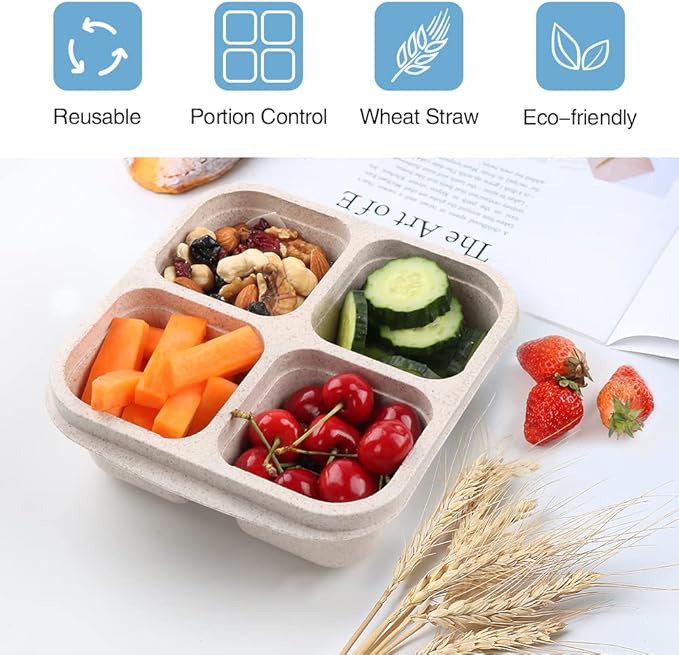 4 Pack Snack Containers, 4 Compartments Bento Snack Box, Reusable Meal Prep Lunch Containers for Kids Adults, Divided Food Storage Containers for School Work Travel