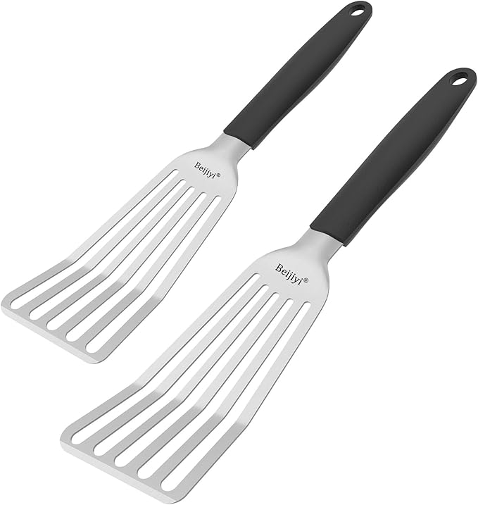 Beijiyi Stainless Steel Fish Spatula Set of 2, 13.5" & 11.7" Slotted Turner with Silicone Handle, Thin Edge, Metal Spatulas for Kitchen Use, Cooking Utensils for Flipping Fish, Burger and Grilling