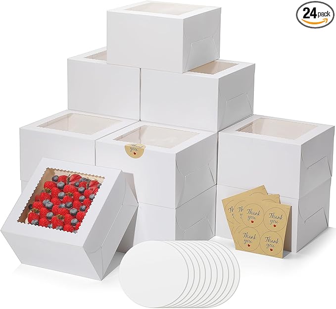 Small Cake Boxes 8 Inch with Window, 24 Set Bakery Boxes with Cake Boards & Stickers, Cupcake Box for Birthday, Party, Wedding, Mother's Day, Valentine's Day, Christmas（8x8x5 inch）