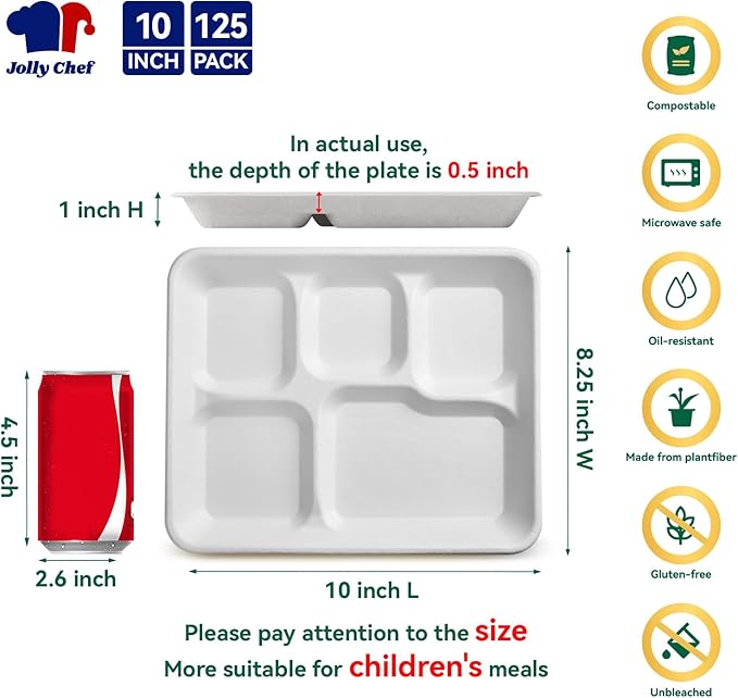 JOLLY CHEF Compostable 𝟱 Compartment Paper Plates 10*8.25*1 𝗶𝗻𝗰𝗵 [𝟭𝟮𝟱 𝗣𝗮𝗰𝗸] Small Heavy Duty Divided Disposable White Eco-Friendly Biodegradable Food Tray for School Lunch Thanksgiving Day