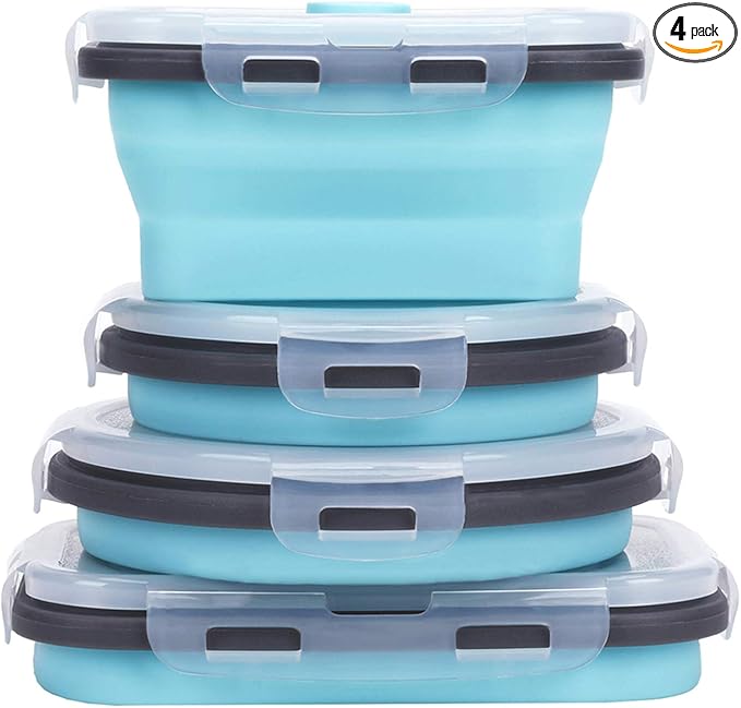 KUON Collapsible Silicone Food Storage Containers with Airtight Lids, Set of 4 Stacking Container, Microwave and Freezer and Dishwasher Safe, with Vent Valve, BPA Free (350ml and 500ml)