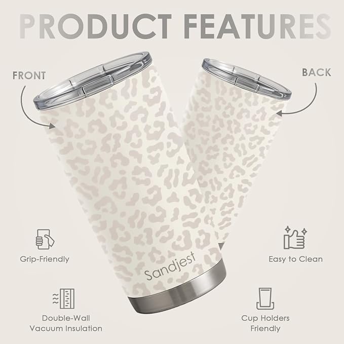SANDJEST Leopard Print Tumbler 20oz Stainless Steel Insulated, Beige Leopard Travel Coffee Cup, Bow Gifts for Women Girls Teen, Birthday Christmas