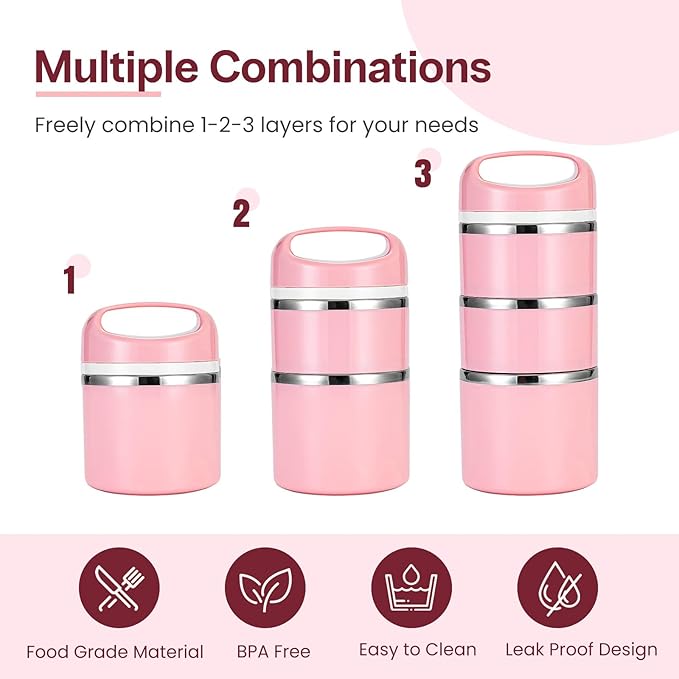 Lille Home Stackable Stainless Steel Lunch Containers, 43OZ Capacity 3 Layers Leakproof Bento Box for Adult, Portable Lunch Box for Women, Man, Travel, Office with Lunch Bag(Pink.Pro)