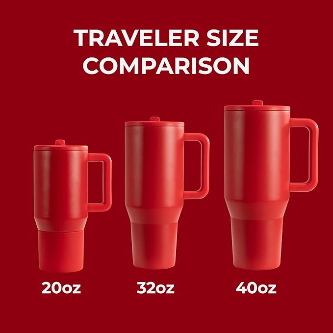 HydroJug Traveler - 40 oz Water Bottle with Handle & Flip Straw - Fits in Cup Holder, Leak Resistant Tumbler-Reusable Insulated Stainless Steel & Rubber Base - Gifts for Women & Men, Alumni Red