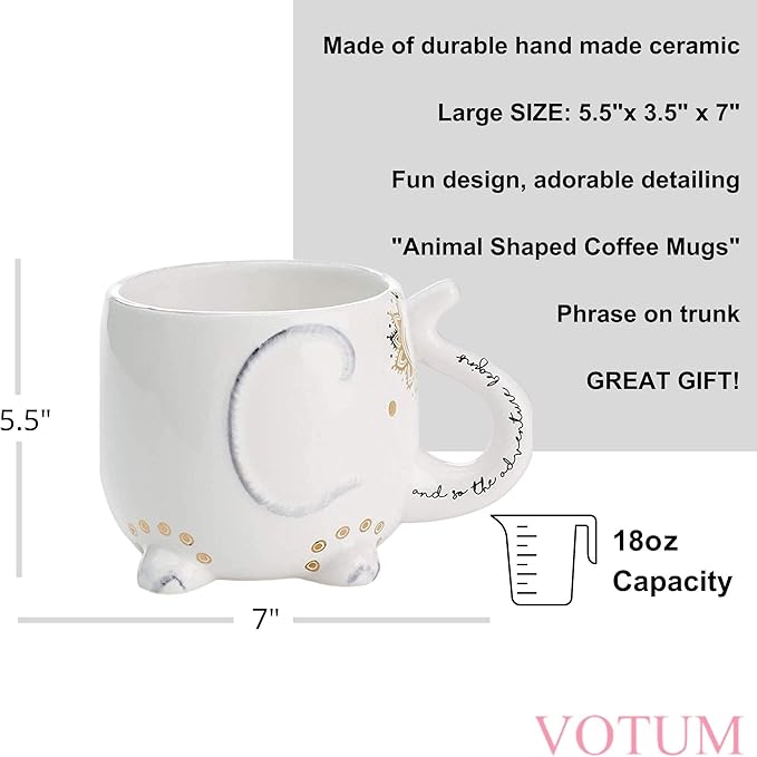 VOTUM Elephant Ceramic Coffee or Tea Mug - Animal Shaped Cup with Hand Printed Designs Saying “And So the Adventure Begins” - Cute Handmade Gift for Men or Women Elephant Lovers – 18.6 Fluid Ounce