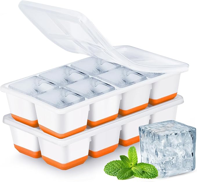 Large Ice Cube Trays with Lid, Jrisbo 2 Pack Stackable Silicone Ice Cube Molds for Freezer, Easy Release 16 Big Square Ice Trays for Whisky Cocktails (Orange)