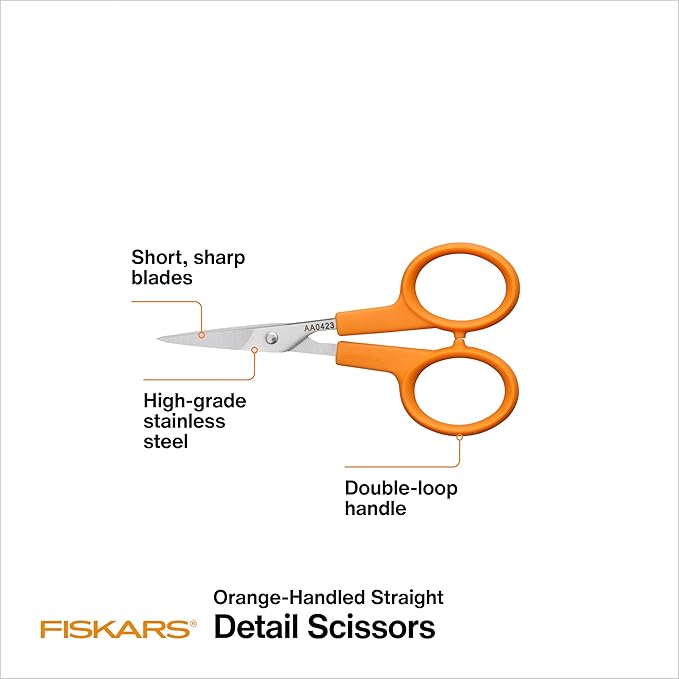 Fiskars Orange-Handled Straight Detail Scissors, Stainless Steel Blades, Ambidextrous Double-loop Handle