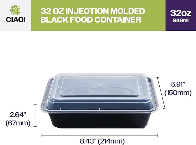 CIAO! Heavy Weight 32oz Injection Molded Microwavable Black Rectangular Food Container with Lid (150/case)