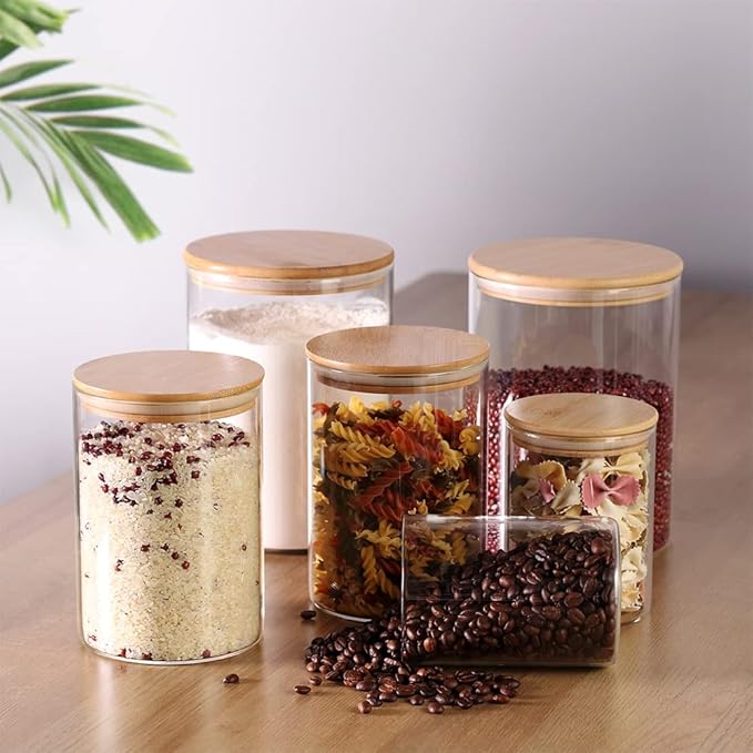 Glass flour Jars with Airtight Lids, 6 Pack Sugar and Flour Salt Containers Set, Extra Large Glass Rice Jar with Bamboo lid for Kitchen, Brown Suger, Beans, Groub Coffee (100OZ/54OZ/27OZ)