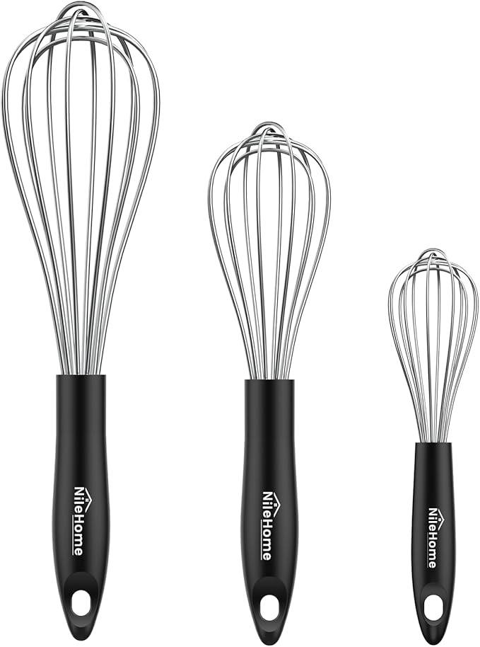 NileHome Silicone Whisk Set 8" 10" 12", 3 Pack Kitchen Whisk Kitchen Wisk Wire Whisks for Cooking, Whisking, Blending, Beating, Stirring-Black Silver