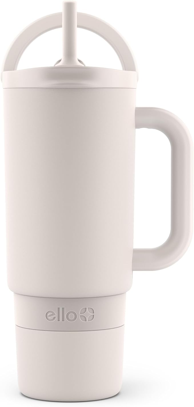 Ello Port 30oz Tumbler with Carry Loop & Integrated Handle | Vacuum Insulated Stainless Steel Reusable Water Bottle Travel Mug | Leak Proof Lid | Flexible Straw | BPA-Free | Dishwasher Safe | Cream