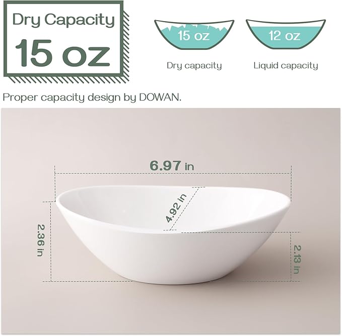 DOWAN White Cereal bowls, 16 Ounces Ceramic Dessert Bowls Set of 6, Oval Ice Cream Bowls for Cereal Snack Dessert Pasta and Side Dish, Microwave & Dishwasher Safe, Good Size for Garden Tea Parties