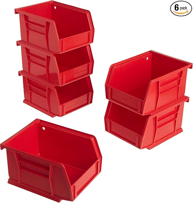 Akro-Mils 30210 AkroBins Plastic Storage Bins, Space-Saving Stackable Bins for Garage, Pantry, Craft Organization, 5-Inch x 4-Inch x 3-Inch, Red, 6-Pack