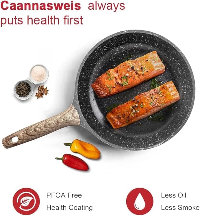 Caannasweis Nonstick Granite Frying Pan Skillet, Non Stick Omelette Fry Pans, Omelet Egg Pan, Stone Cookware Chef's Pan, Induction Compatible, PFOA Free (Gray, 8 Inch with Lid)
