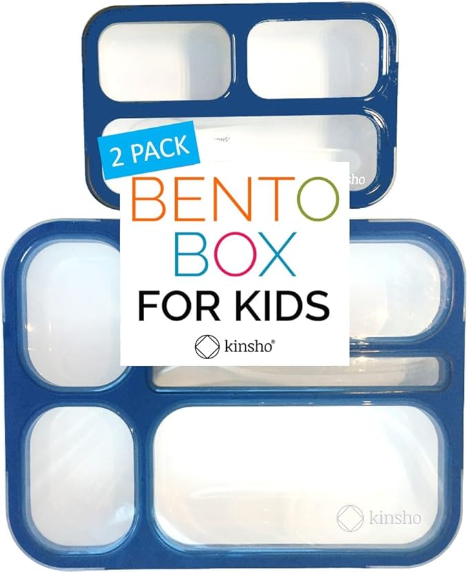 kinsho Bento Lunch-Box Set for Kids includes Snack Container | 6 and 3 Compartment Boxes Leakproof School Bentos, Meal Portion Control Containers, Boys Girls Adults, Navy Blue Large + MINI 2 Pack Set