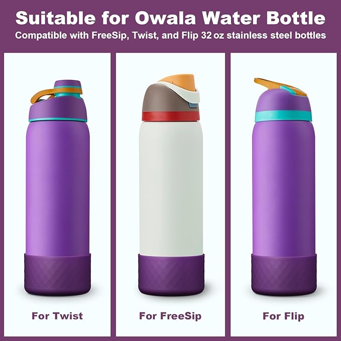 2PCS Silicone Water Bottle Boot for Owala 32oz, Protective Bottom Bumper Anti-Slip Sleeve for FreeSip, Twist, and Flip Stainless Steel Bottles, Dishwasher Safe and BPA Free(Dark Purple)