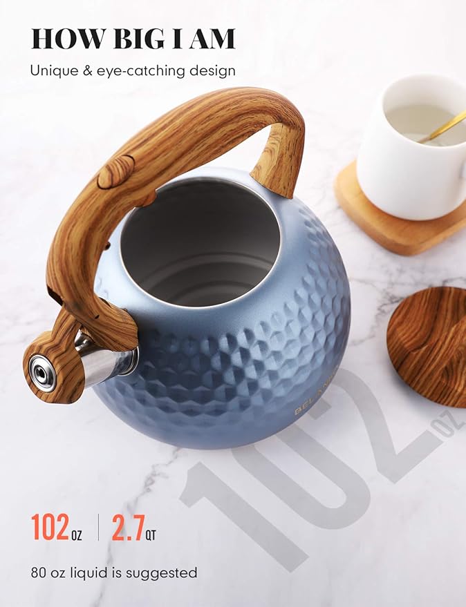BELANKO 2.7 Quart Tea Kettle for Stovetop - Food Grade Stainless Steel with Diamond Texture, Designer Teapot Look, Cool-Touch Wood Pattern Handle, Whistling Spout - Glacier Blue