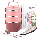 SANQIAHOME 3 Tier Stackable Stainless Steel Lunch Box Sealed(pink, 3 layers) with spoon and fork