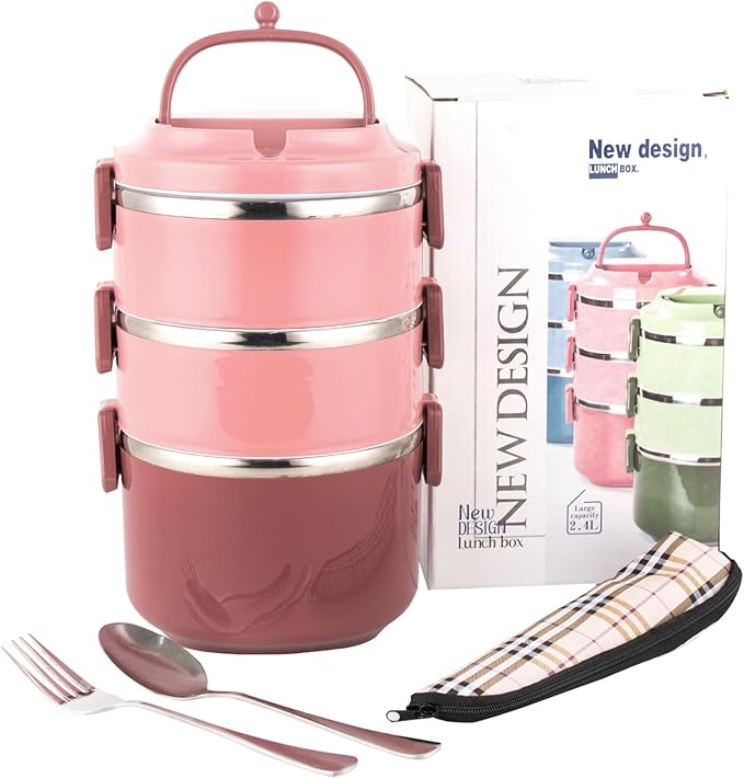 SANQIAHOME 3 Tier Stackable Stainless Steel Lunch Box Sealed(pink, 3 layers) with spoon and fork