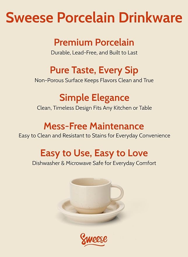 Sweese 8oz Porcelain Cappuccino Cups Set with Saucers, Metal Stand - Stackable, Durable for Coffee, Latte, Tea - Beige, 4 Pack