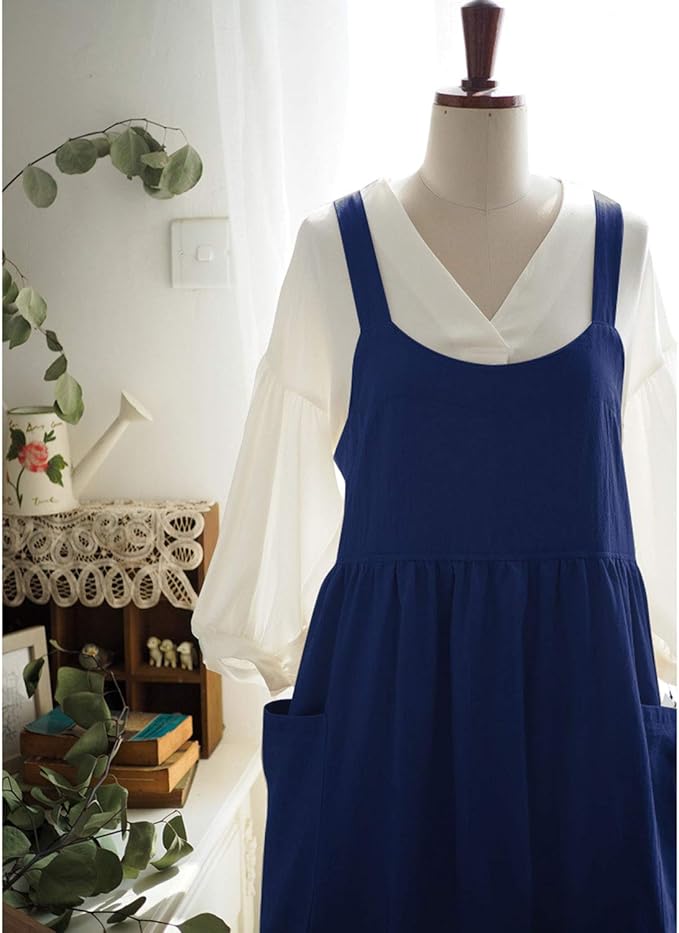Uaussi Cotton Linen Apron Cross Back Work Apron for Women with Pockets Pinafore Dress X Cross Halter Apron for Chef Gardening