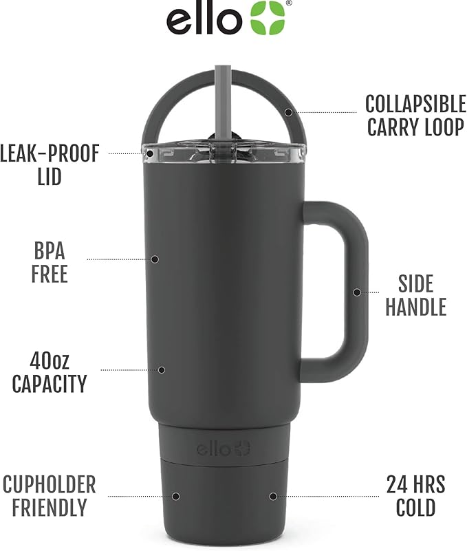 Ello Port 40oz Tumbler with Carry Loop & Integrated Handle, Vacuum Insulated Stainless Steel Reusable Water Bottle, Travel Mug with Leak Proof Lid and Straw, Perfect for Iced Coffee and Tea, Black