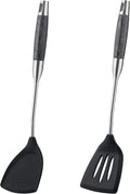 FJNATINH Silicone Spatulas and Turner Set - Stainless Steel Wok Tools, Wok Utensil, Heat Resistant Rubber Spatulas for Fish, Eggs, Pancakes, Wok,2 Pack