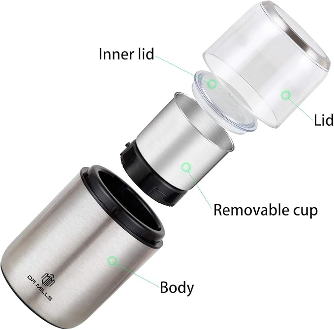 DR MILLS DM-7452 Electric Coffee Grinder,Spice Grinder Electric and Chopper,Detachable Cup, Diswash Free, Blade & Cup Made with SUS304 Stainless Steel