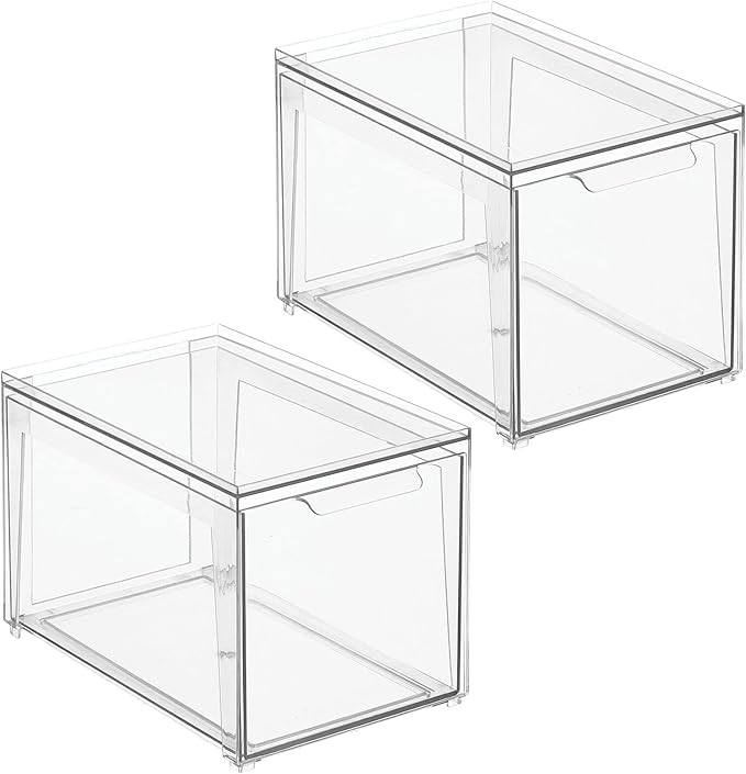 mDesign Plastic Stackable Bathroom Storage with Pull Out Bin Organizer Drawer for Cabinet, Vanity, Shelf, Cupboard, Cabinet, or Closet Organization - Lumiere Collection - 2 Pack - Clear