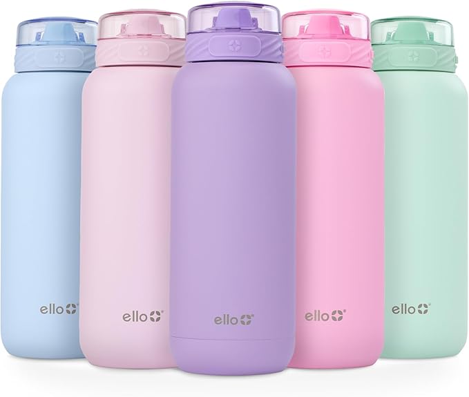Ello Cooper 40oz Stainless Steel Water Bottle with Straw and Carry Handle, Double Walled and Vacuum Insulated Metal, Leak Proof Locking Lid with Soft Silicone Spout, Reusable, BPA Free, Lilac