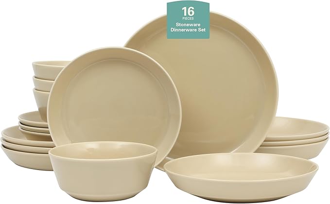 Gibson Home Summer Shades 16 Piece Plates and Bowls Dishes Service for 4 Porcelain Dinnerware Set - Taupe