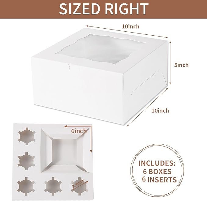 Bento Cake Box With Cupcakes, Clear Window 6 Holes Bento Combination,6 Sets: Cookie Boxes Fit 5 Regular Cupcake and Mini Cakes, Christmas Wedding Birthday Party (White/clear, 1+5/6pcs)