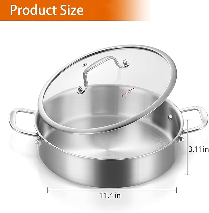 DELARLO Stainless Steel Pans,6QT Saute Pan,12 inch Everyday Pan with Lid,Dishwasher-Friendly Braiser,Stay-Cool Handles,Oven-Safe Up to 660℉