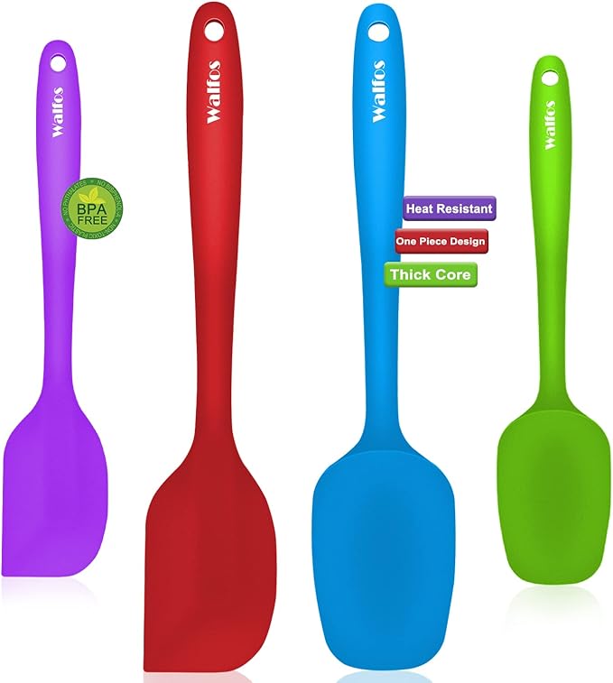 Walfos Silicone Spatula Set of 4(600°F）,Heat Resistant Kitchen Silicone Scraper Spatulas, Strong Steel Core and One-Pieces Seamless Design, For Cooking Mixing & Baking,BPA Free & Dishwasher Safe