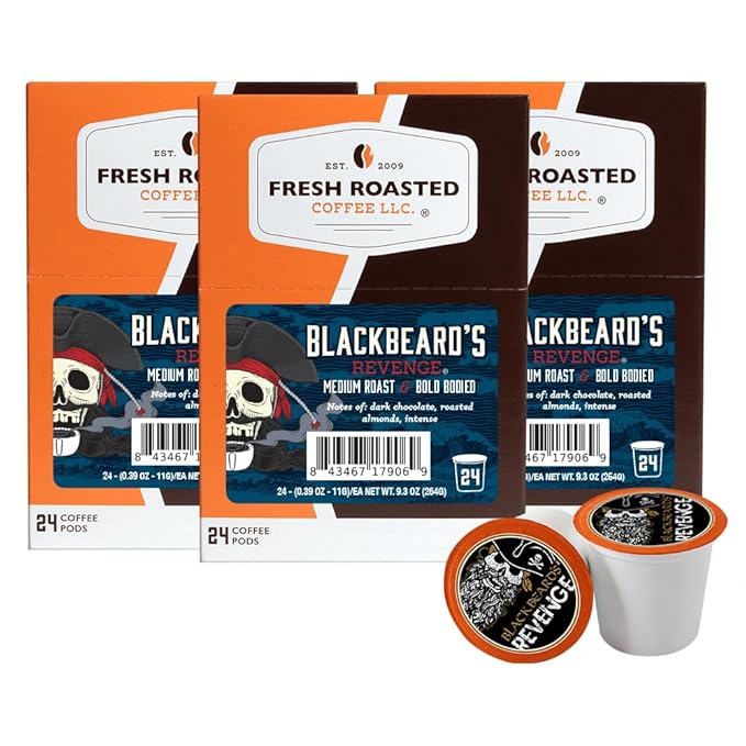 Fresh Roasted Coffee, Blackbeard's Revenge, Medium Roast, 72 Pods for K Cup Brewers