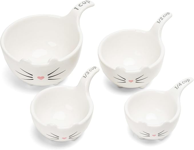 White Cat Measuring Cups & Spoons Gift Set – Ceramic Kitchen Tools for Cat Lovers & Bakers – 4 Measuring Cups and 4 Measuring Spoons – Unique Gift for Kitchen, Baking, and Cat Lovers