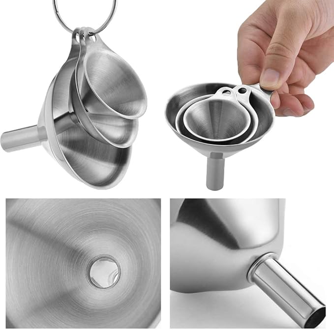 Metal Stainless Steel Funnel, Large Medium Small Funnel Set of 3, Food Grade Mini Kitchen Funnels for Transferring Essential Oils, Liquid, Fluid, Small Funnels for Filling Bottles Flask Cooking